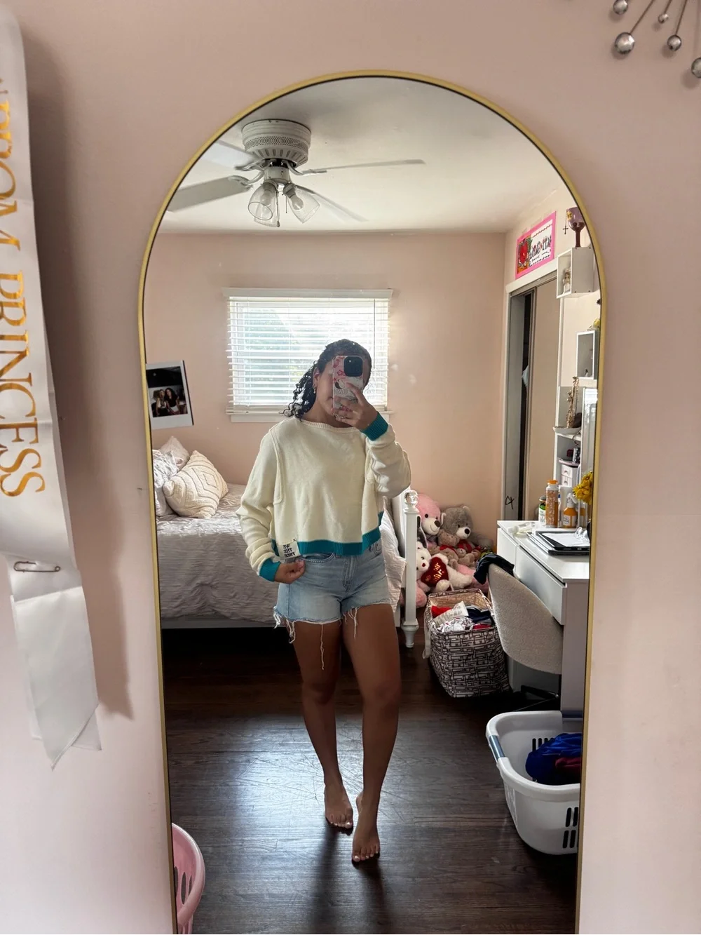 We The Free Cream Cropped Crew Sweater with Teal Trim